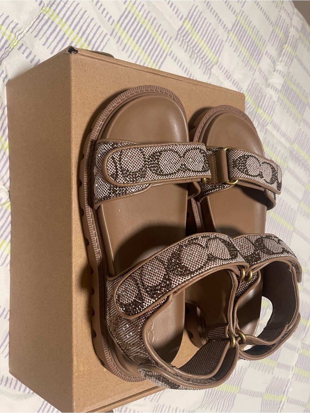 Coach Tan Brown Signature Print Kids Sandals